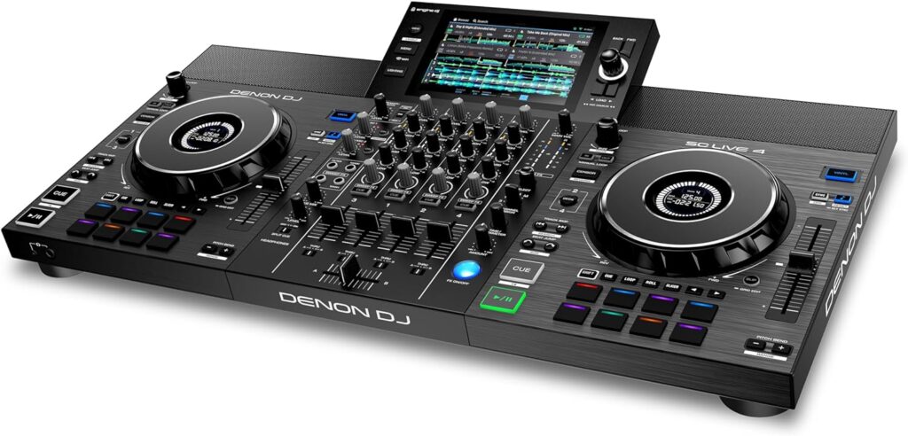 Denon DJ SC LIVE 4 - Controlador DJ autónomo, mezclador 4 canales, streaming de Amazon Music, WiFi, altavoces, compatible con Serato DJ y Virtual DJ