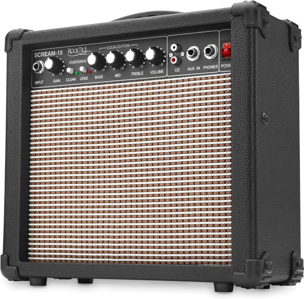 Rocktile Scream 15 Amplificador para Guitarra Mini Combo - Amp de 15 vatios, 2 canales - Portátil, Entrada AUX para MP3/CD, Ecualizador de 3 Bandas - Conexión para Auriculares